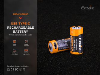 Fenix punjiva baterija RCR123A 800 mAh USB-C Li-ion